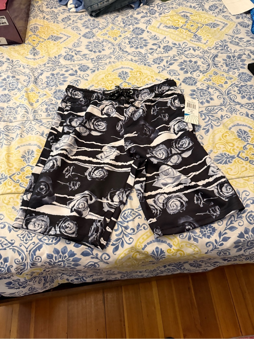 Fresh Black & White Rose Stripe Swim Board Shorts